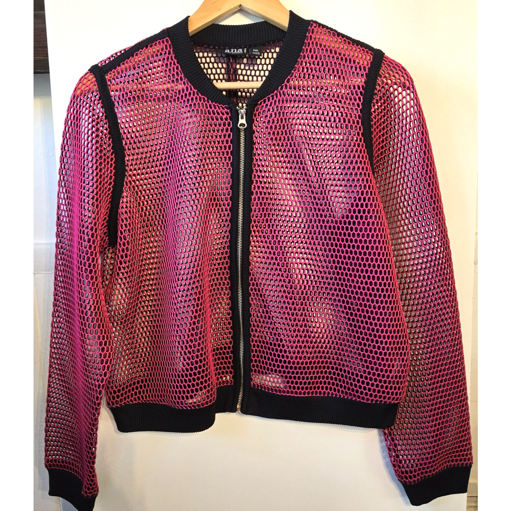 Womens Bomber Jacket PXL Pink Black Cropped Mesh Sheer Rave Club Edgy Stretch